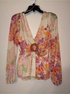 NWT Evolutionary Floral Peplum Blouse Size Small Boho Deep V Long Sleeve Top